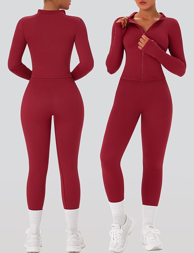 OLCHEE Womens Workout Sets 2 Piece Seamless Ribbed Long Sleeve Yoga Outfits High Waist Leggings Zipper Jacket Thumb Hole Gym
