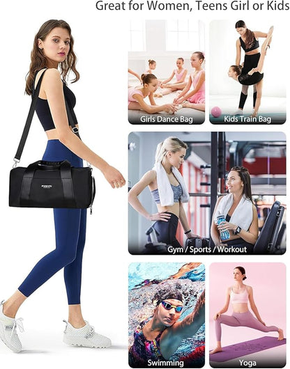Sports Small Gym Bag for Women & Girls and Kids, Cute Mini Duffle Bag with Wet Pocket & Shoes Compartment, Personal Item Travel Workout Bag, 16"-Small, Black