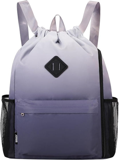 WANDF Drawstring Backpack Sports Gym Bag with Shoes Compartment, Water-Resistant String Backpack Cinch Bag for Women Men (Grey Gradient)