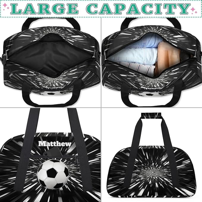 Personalized Boys Sports Soccer Duffel Bag, Custom Sport Gym Bag Large Compartment Cheerleaders Dance Bag Weekender Bags Travel Training Bag for men, Abstract Black Background