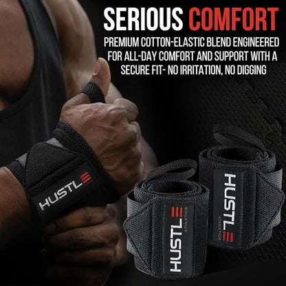 Hustle Athletics Wrist Wraps for Weightlifting - 18" & 12" Premium Wrist Support Weight Lifting Wraps to Lift Heavier & Train Harder - Heavy Duty Powerlifting & Bench Press Gym Straps for Men & Women