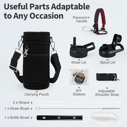 32 oz Insulated Water Bottle with Straw, Stainless Steel Triple Wall Vacuum Sports Water Jug, Leakproof Hydro Cup Flask with Paracord Handle & Straw Spout Lids & DIY Stickers