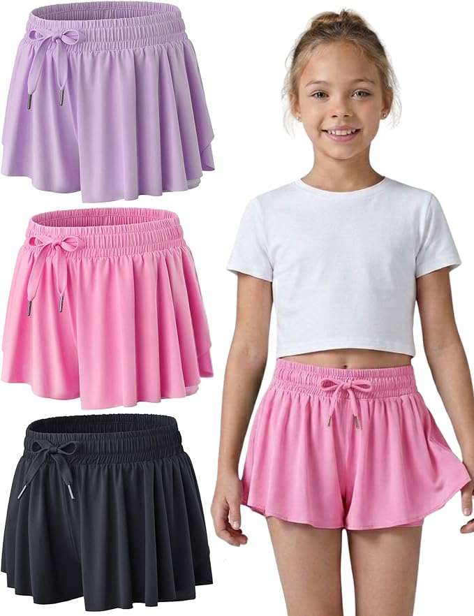 3 Pack Girls Flowy Shorts with Spandex Liner 2-in-1 Youth Butterfly Skirts for Fitness, Running, Sports