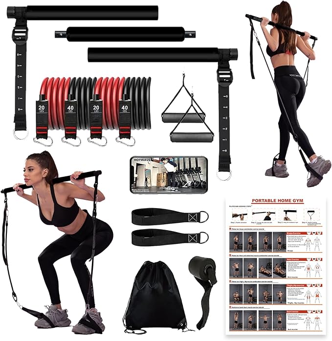 Pilates bar kit Multiple Fitness bar with Resistance Bands, Ab Rollers.Core Strength Training Equipment. Squat Machine for Men and Women.Portable Home Gym Pilates bar kit for Full Body Training Women