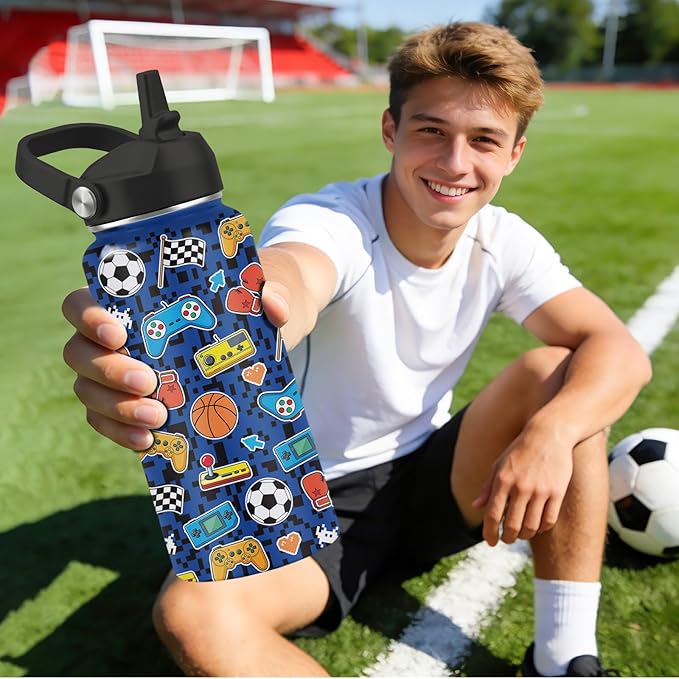 Gamer Water Bottle 32oz - Insulated Stainless Steel with Straw, Leak Proof Lid - Ideal Gaming Gifts for Kids Boys Teens - BPA-Free Sports Bottle for School, Travel & Gaming