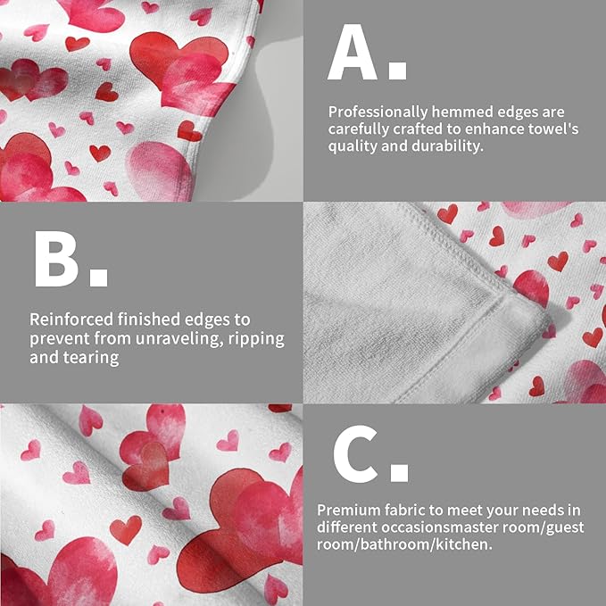 Red Love Heart Bath Hand Towels 2 Packs Happy Valentine's Day Soft Absorbent Dish Tea Towels Romantic Pink and Red Love Quick Dry Washcloths Decorative Kitchen Dish Towels for Guest Gym Spa