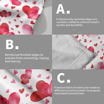 Red Love Heart Bath Hand Towels 2 Packs Happy Valentine's Day Soft Absorbent Dish Tea Towels Romantic Pink and Red Love Quick Dry Washcloths Decorative Kitchen Dish Towels for Guest Gym Spa