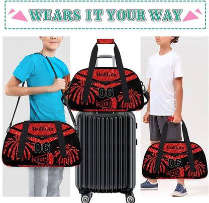 Personalized Girls Gym Cheerleading Bag Sport Duffle Bag, Custom Name Carry On Weekender Bag Travel Vocation Business Trip, Red Glittering Cheerleader Pom Poms