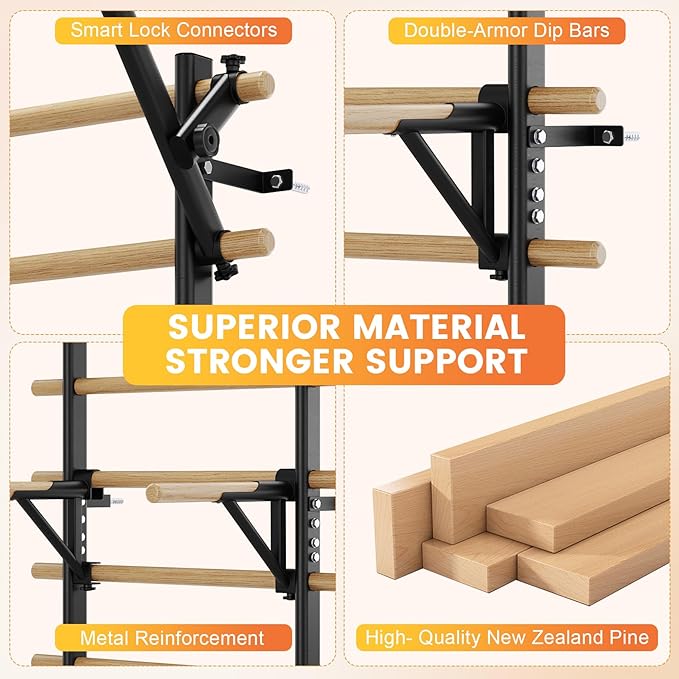 Swedish Ladder Wall Gym, Stall Bar Home Gym with Adjustable Pull-Up Bar, Dip Bar Attachments & 2pcs Resistance Band, 9 Strategic Rods for for Home, School, Hysical Therapy and Gymnastics