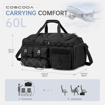 Gym Bags for Men with Shoe Compartment 60L Tactical Duffle Bag 3 in 1 Carry on Duffel Bag Travel Backpack Weekender Overnight Range Bag for Workout Football, Black