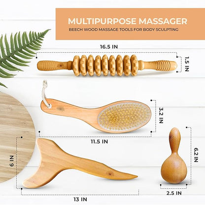 Wood Therapy Massage Tools 4 Pcs, Lymphatic Drainage Massager, Maderoterapia Kit, Anti Cellulite Complete Body Sculpting Tools for Total Relaxation & Relief (4 Pack)