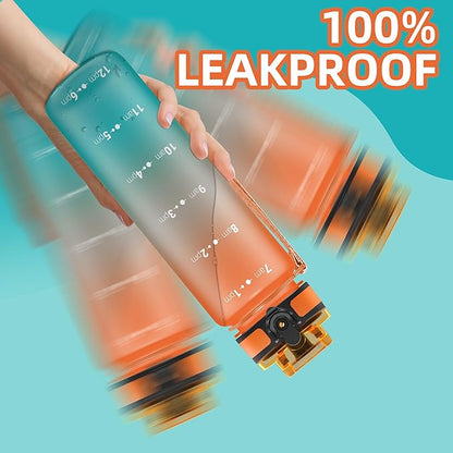 OLDLEY 32 oz Water Bottle, Motivational Water Bottle with Time Marker, Sports Water Bottle With Strap, Leakproof & BPA Free Large Water Bottles for School, Gym, Travel, Outdoor, Tritan,Orange&Green