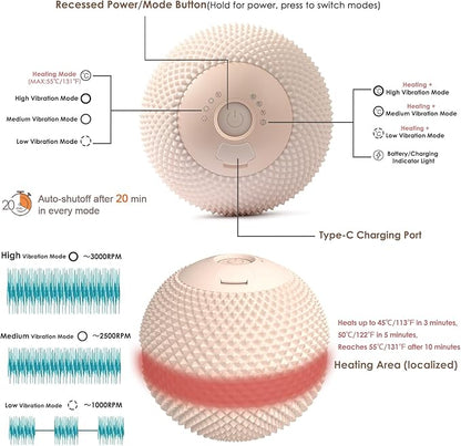 Heating Vibrating Massage Ball with 7 Modes & Memory Function for Myofascial Release, Deep Tissue and Trigger Point Muscle Therapy - Targets Back, Hip, Leg, Neck & Foot (Beige)