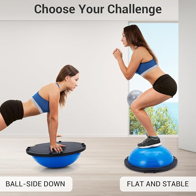 23/25in Balance Ball, 1600 lbs Half Exercise Ball with Nonslip Base, Inflatable Half Ball Balance Trainer, Stability Half Yoga Ball Strength Training Equipment with 2 Bands, Pump, Extra Ball Included,
