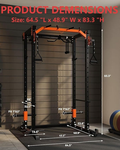 Power Cage for Home Gym, 2000LBS Power Squat Rack with Cable Crossover & Pulley System, Workout Cage Smith Machine for Full Body Strength Training
