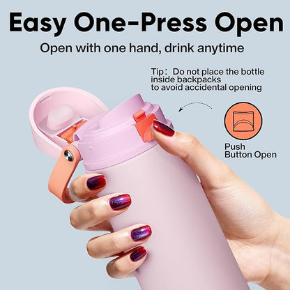 Insulated Water Bottle with Straw - Encool Stainless Steel Water Bottle with Push Button Lid, Leak-Proof & BPA-Free, Keeps Cold for 24 Hours for Sports, Travel, Gym (18 oz, Lily-Red)
