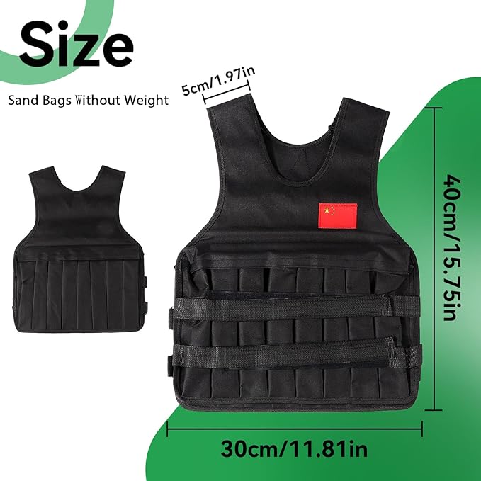 20KG Weighted Vest with 4Pcs Sand Bags（without weight）, Adjustable Training Waistcoat for Workout, Strength Training, Running, Fitness, Muscle Building
