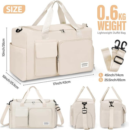 Gym & Dance Duffle Bag - Spacious Travel Organizer with Compartments (Beige)
