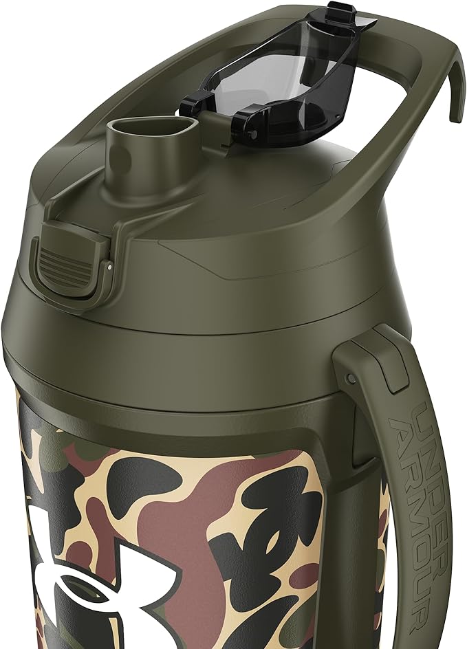 Under Armour Half Gallon Water Bottle Insulated, 64oz Insulated Water Bottle with Handle, Fence Hook, Leak Resistant, for Baseball, Football & More, Green Hyper Camo