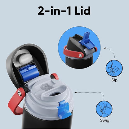 Insulated Water Bottle with Straw - Encool Stainless Steel Water Bottle with Push Button Lid, Leak-Proof & BPA-Free, Keeps Cold for 24 Hours for Sports, Travel, Gym (24 oz, Oil Black)