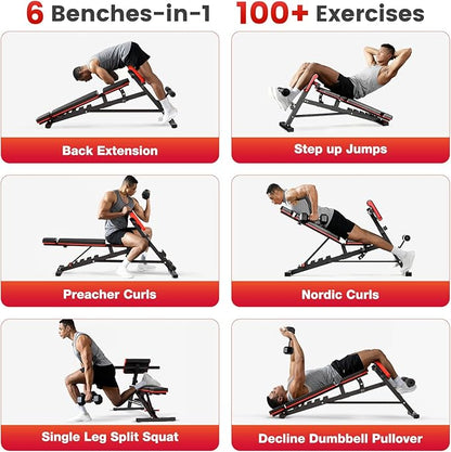 ALSO GO Adjustable Weight Bench, Workout Benches with Leg Extension & Extended Headrest, Foldable Incline Decline Bench Press, Roman Chair, Full Body Strength Training Equipment for Home Gym