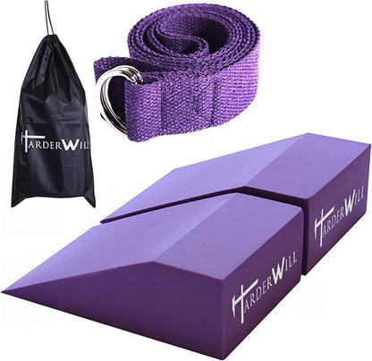 HarderWill Yoga Foam Wedge Blocks (Pair), Calf Raise Block, Calf Stretcher, Yoga Wrist Support, Balance, Pushup, Fitness, Pilates, Heel Stretcher, Squat Wedge with Gym Bag