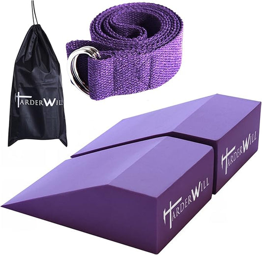 HarderWill Yoga Foam Wedge Blocks (Pair), Calf Raise Block, Calf Stretcher, Yoga Wrist Support, Balance, Pushup, Fitness, Pilates, Heel Stretcher, Squat Wedge with Gym Bag