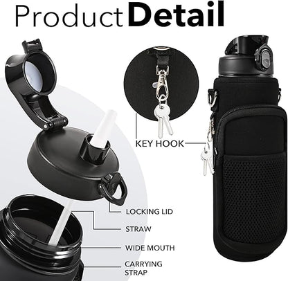 32 oz Water Bottles with Straw & Strap, Motivational Water Bottles with Times to Drink, BPA Free Reusable Sports Water Bottle with Sleeve Carrier for Hiking, Travel, Running or Fitness