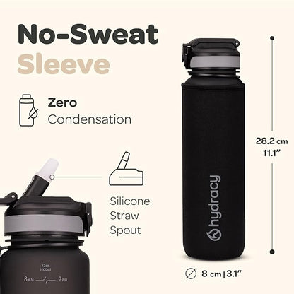 Hydracy Water Bottle with Time Marker -Large BPA Free Water Bottle & No Sweat Sleeve -Leak Proof Gym Bottle with Fruit Infuser Strainer & Times to Drink -Ideal for Fitness Sports & Outdoors