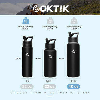 COKTIK 40oz Sports Water Bottle, Stainless Steel Water Bottle for Insulated, Reusable Travel Bottle, With Straw, With Handle Grip for Easy Carrying, Suitable for Cycling, Outdoor Vacations(Black)
