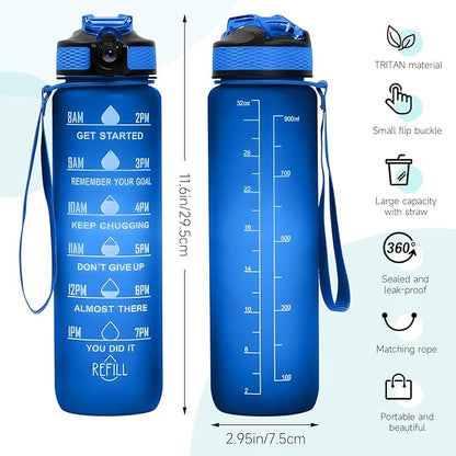 32 oz Water Bottles with Times to Drink and Straw, Motivational Water Bottle with Time Marker, Leakproof & BPA Free, Drinking Sports Water Bottle WIth Hand Strap for Fitness, Gym & Outdoor (blue)