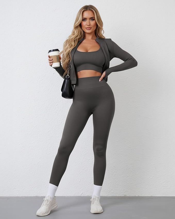 Women 3 Piece Seamless Workout Set Sports Bra High Waisted Gym Yoga Leggings Zip Up Jacket with Thumbhole Activewear