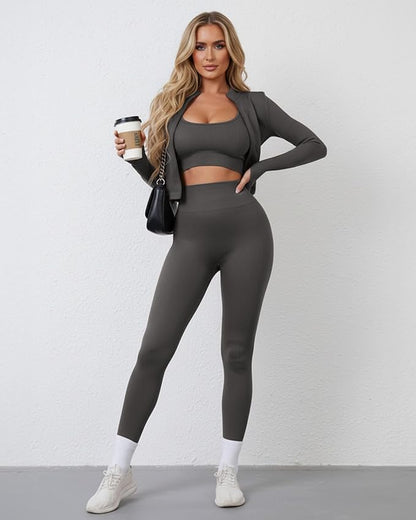 Women 3 Piece Seamless Workout Set Sports Bra High Waisted Gym Yoga Leggings Zip Up Jacket with Thumbhole Activewear