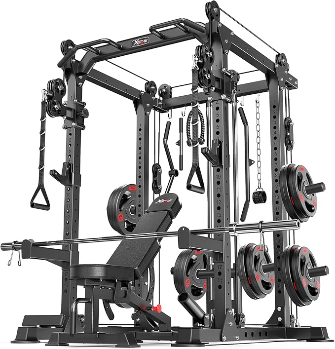 Multi-Purpose Squat Rack,Smith Machine Weight Rack Set with Cable Crossover System, Home Gym Power Racks, Power Racks and Packages