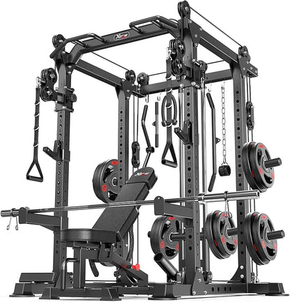 Multi-Purpose Squat Rack,Smith Machine Weight Rack Set with Cable Crossover System, Home Gym Power Racks, Power Racks and Packages