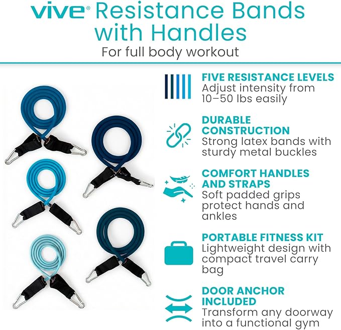 Vive Resistance Band Set (11 PCS) (With App) - Versatile Exercise Tubes with Wide Handles, Workout Poster, & Door Anchor - Adjustable 10-50 LB Tension for Full Body Home Fitness & Rehab -for Men/Women