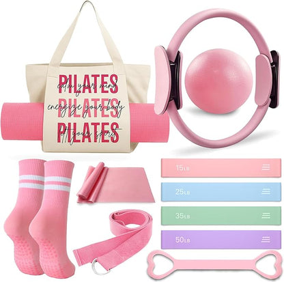 Pilates Kit for Home Workouts with Pilates Ring and Ball Set, Resistance Bands Set, Yoga Mat Bag, Yoga Straps, Figure 8 Resistance Band, Pilates Essentials Kit for Women, Beginners,Pilates Set Gift