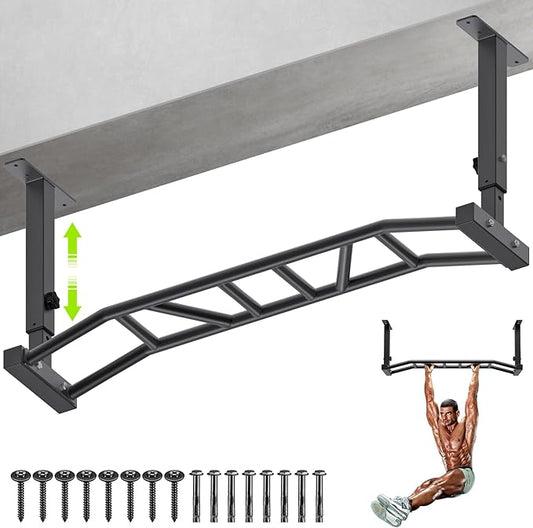 Kipika 48" Ceiling Mounted Pull Up Bar, Heavy Duty Multi-Grip Chin Up Bar,Mounted Pullup Bar, Adjustable Height, Pull Up Bands for Chin Ups & Body Stretching, Ideal for Home Gym and Strength Training