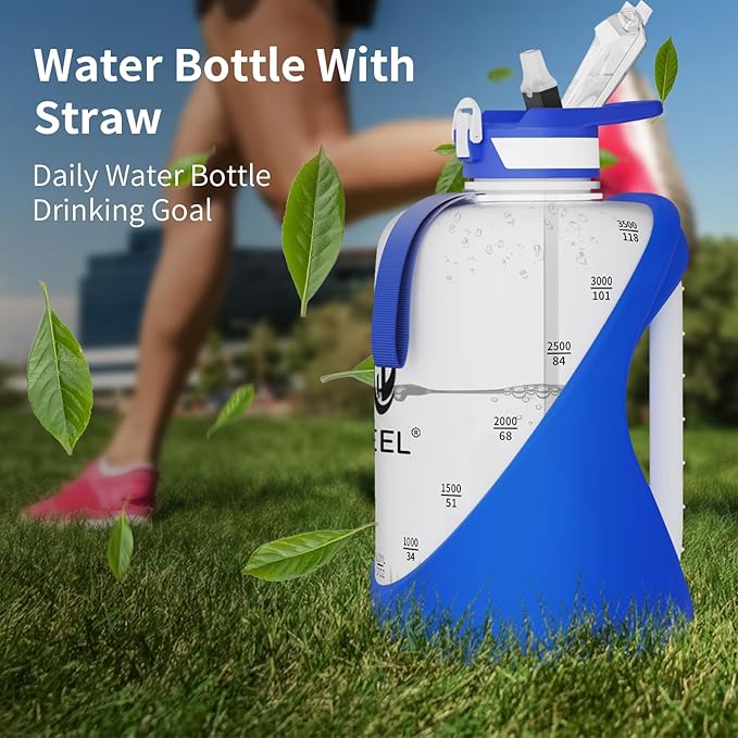 TOOFEEL 1 gallon water bottle - 128 oz water bottle with Straw & Chug Lid - BPA Free Big Water Bottle with Handle - Gym Water Bottle - Deep Blue and White