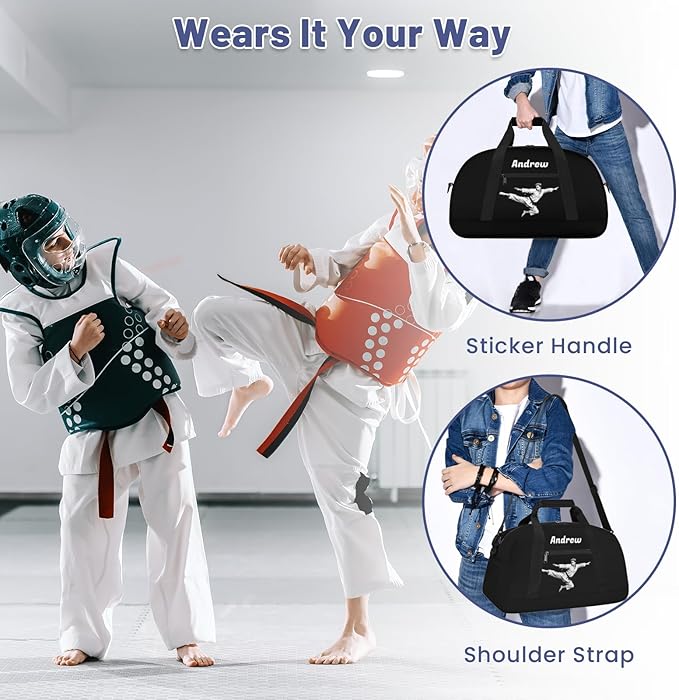 Custom Name Taekwondo Karate Duffle Bag for kids Boy Girls - Personalized Martial Arts Gear Bag, Water-Resistant Sparring Equipment Bag, Black Taekwondo