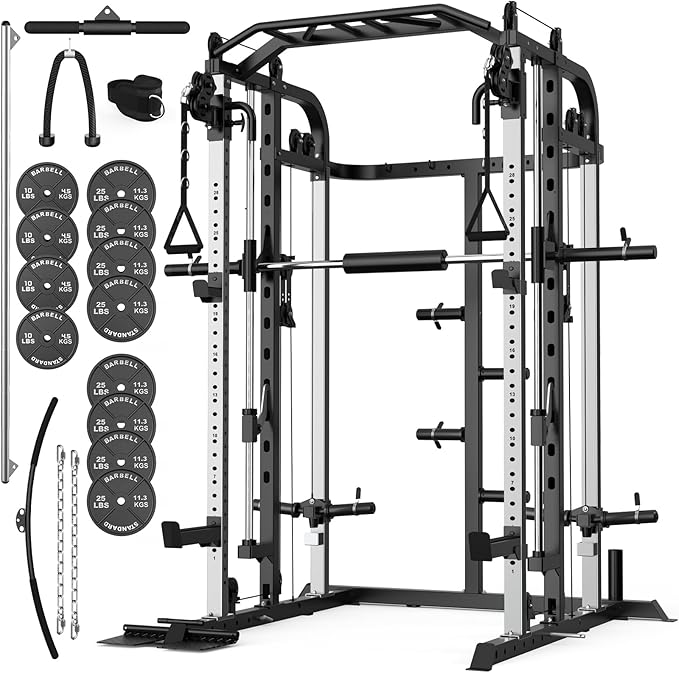 Smith Machine, Multifunctional Power Cage Rack with Smith Bar and Cable Pulley System, and LAT Pull Down Machine for Home Gym…