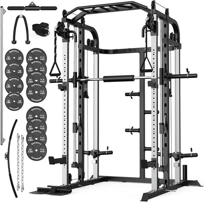 Smith Machine, Multifunctional Power Cage Rack with Smith Bar and Cable Pulley System, and LAT Pull Down Machine for Home Gym…