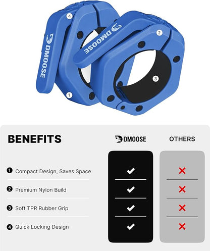 DMoose Fitness Barbell Clips 2 Inch (Pair) - Quick Release Olympic Barbell Clamps & Collars with Anti Slip TPR Grip for Secure Weightlifting and Powerlifting - Weight Clips for Bars at Home or Gym
