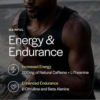 Gainful High Intensity Pre Workout Powder with 200mg Caffeine, 5g Creatine, Strawberry Lemonade Flavor, Supports Energy, Strength, Endurance, & Recovery, BCAAs, Beta Alanine, L-Citrulline, 20 Servings