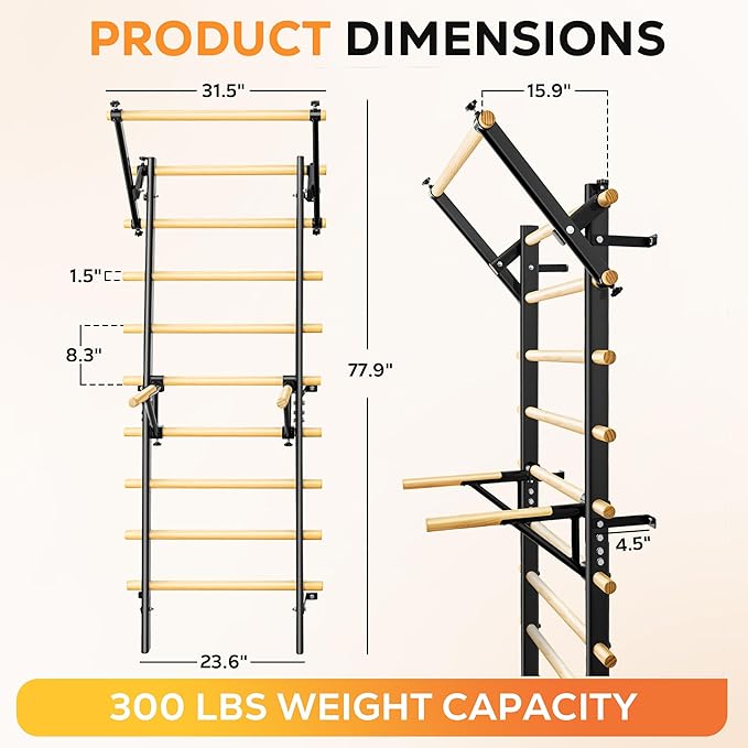 Swedish Ladder, Wood Stall Bar, Swedish ladders Wall Gym Adult, Adjustable Pull Up and Dip Station for Adults and Kids, 9-Anchor Solid Pine, Home Fitness