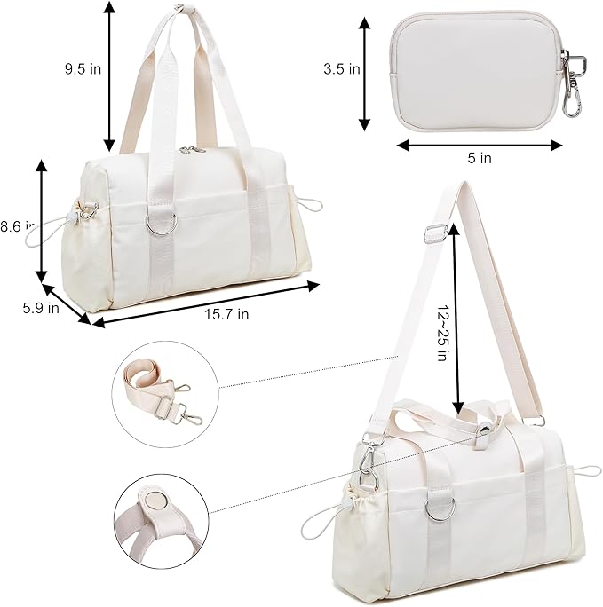 Everyday Mini Gym Bag for Women 2.0, Small Tote with Zipper Compartment Waterproof Travel Duffle Cute Handbag Workout Carry On with Removeable Shoulder Strap & Coin Wallet Easy to Clean - Beige