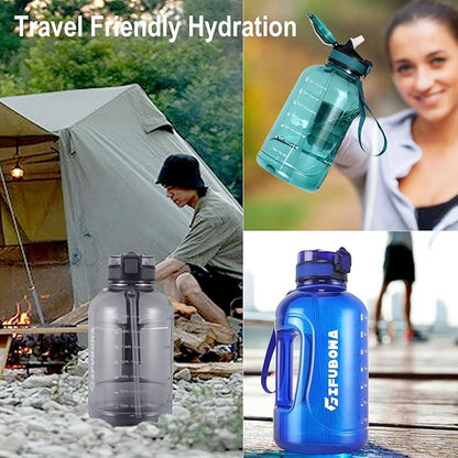 GIFUBOWA 64oz Sports Durable Water Bottle with Handle Leak Proof 2000ml Big Bottle with Straw and Time Marking Ideal for Gym, Running Outdoor or Indoor Activities Clear Cyan