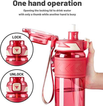 TKK Sports Water Bottles with Removable Straw 34 oz Leak-proof Flip Top Lid BPA Free Tritan Bottles with Strap for School, Fitness, Gym, Outdoor, Red