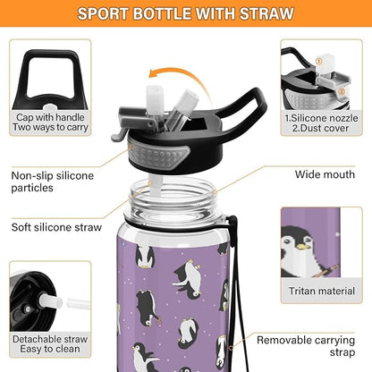 Fustylead Penguins Tritan Water Bottle with Straw and Lids, 32 oz Reusable BPA Free Sport Water Bottle for Gym Camping Hiking Travel