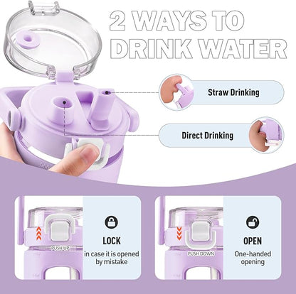 BLUEGO 32oz Glass Water Bottle with Handle and Straw|Leakproof Sports Glass Bottle with Time Marker and Silicone Sleeve|Glass Drinking Bottle for Travel, Gym, Workout, Purple
